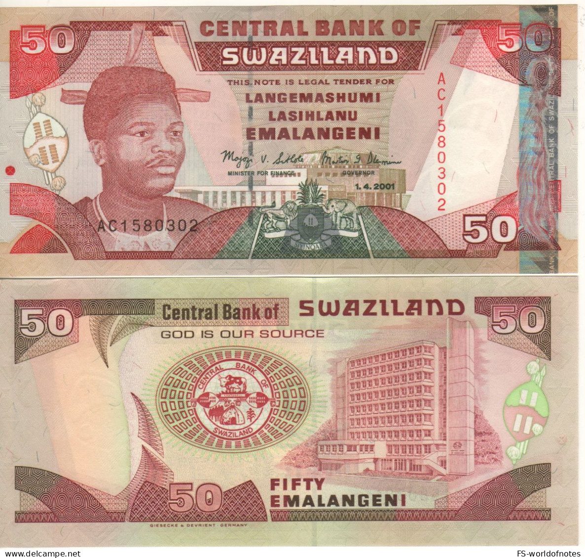 SWAZILAND 50  Emalangeni  31a  Dated 01.04.2001     King Mswati III + Central Bank At Back - Swasiland