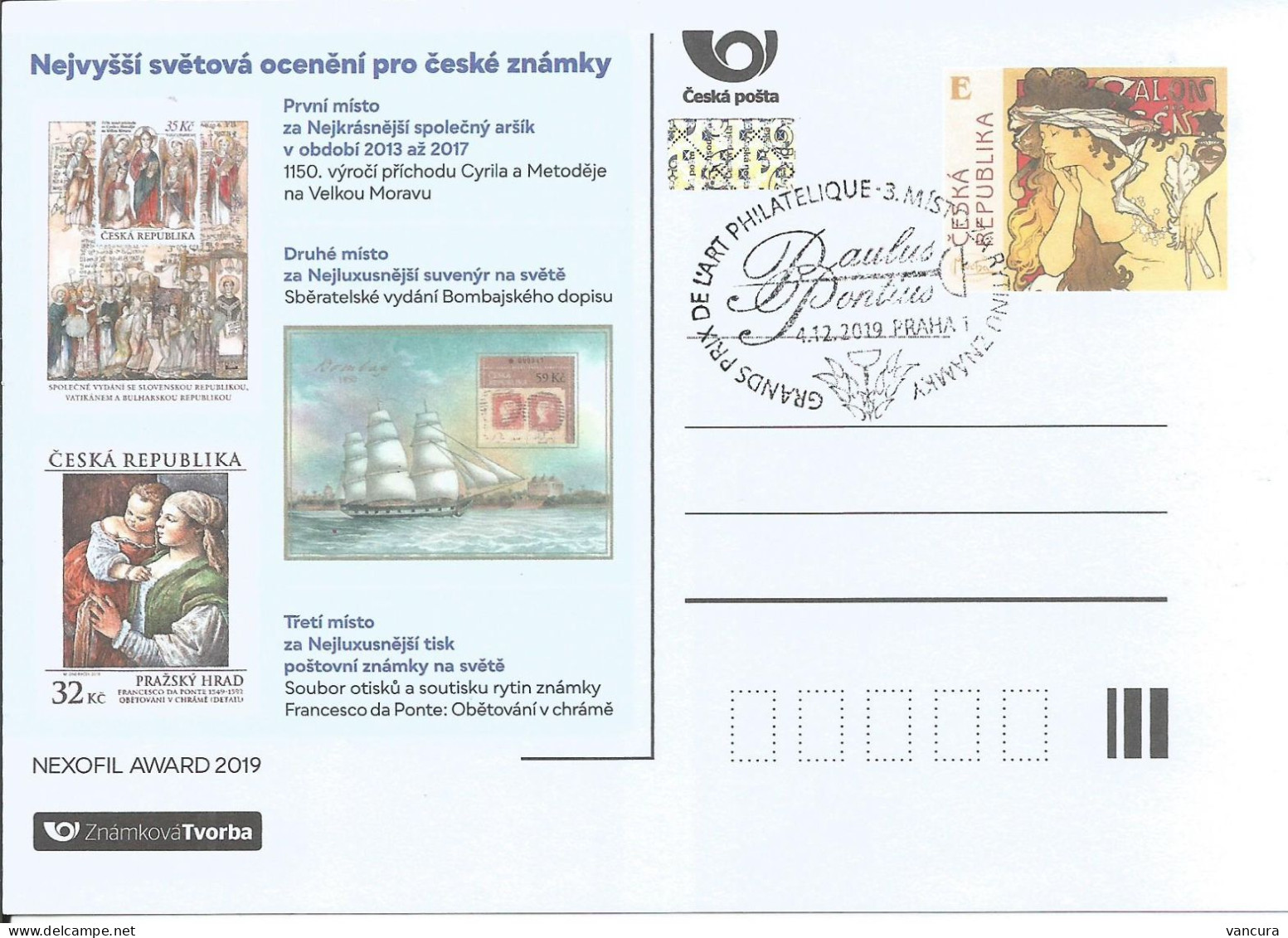 ZT 3 Czech Republic Awarded Stamps -  Mucha 2019 - Cartes Postales