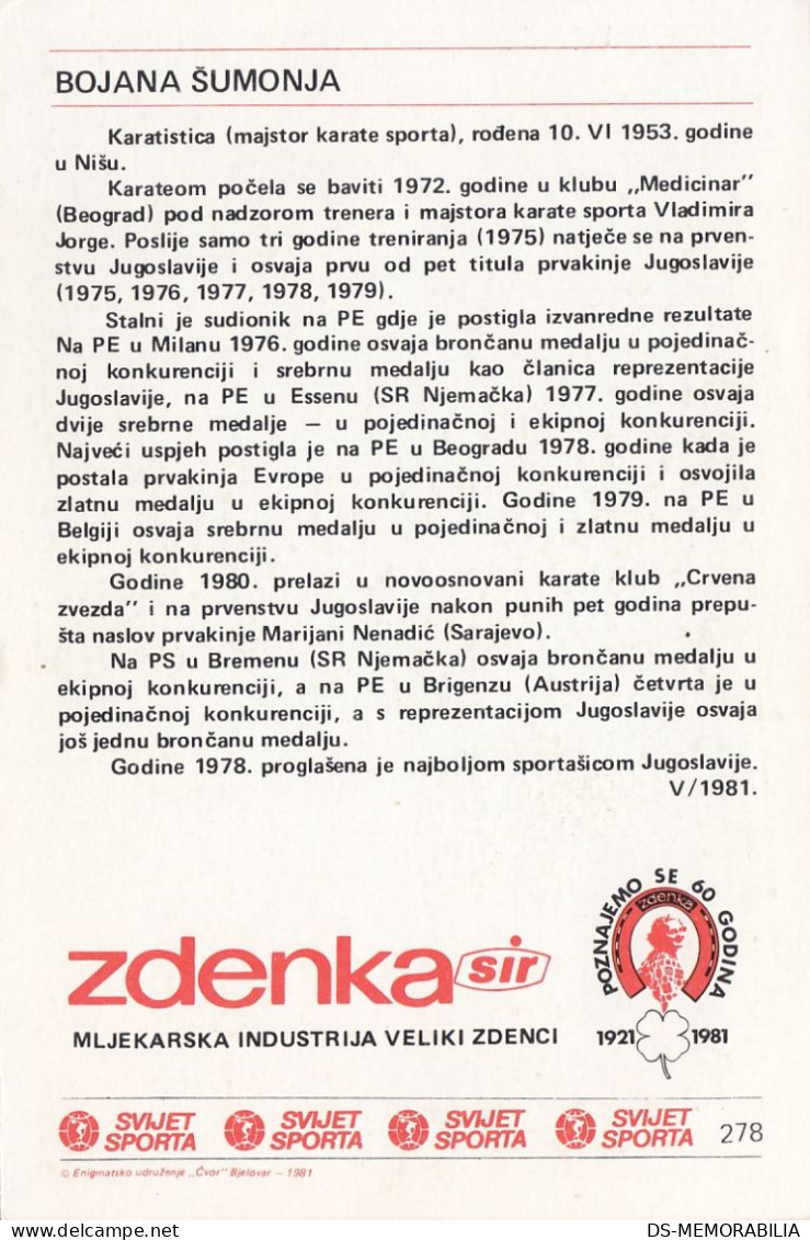 Karate Bojana Sumonja Yugoslavia Trading Card Svijet Sporta - Martial