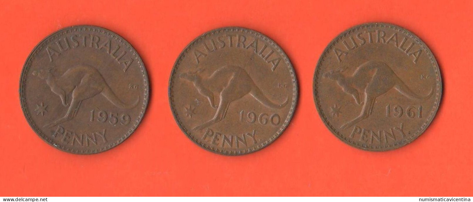 Australia 3 X One Penny 1959 + 1960 + 1961 Queen Elizabeth - Penny