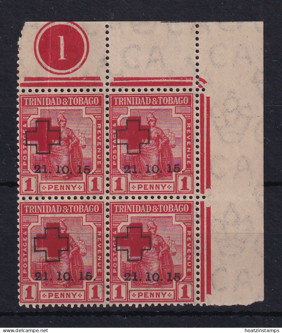 Trinidad & Tobago: 1915   Britiannia  'Red Cross' OVPT   SG174b    1d    ['1' Of '15' Forked Foot]   MH Block Of 4 - Trinidad Y Tobago