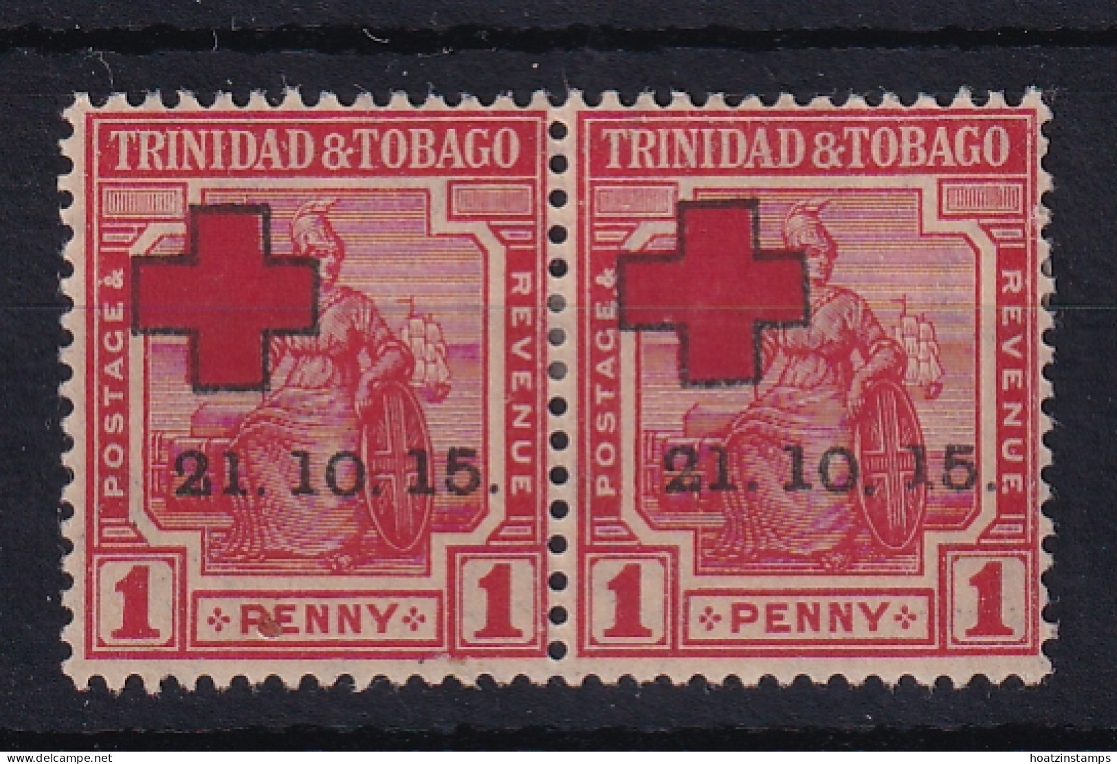 Trinidad & Tobago: 1915   Britiannia  'Red Cross' OVPT   SG174b    1d    ['1' Of '15' Forked Foot]   MH Pair - Trinidad Y Tobago