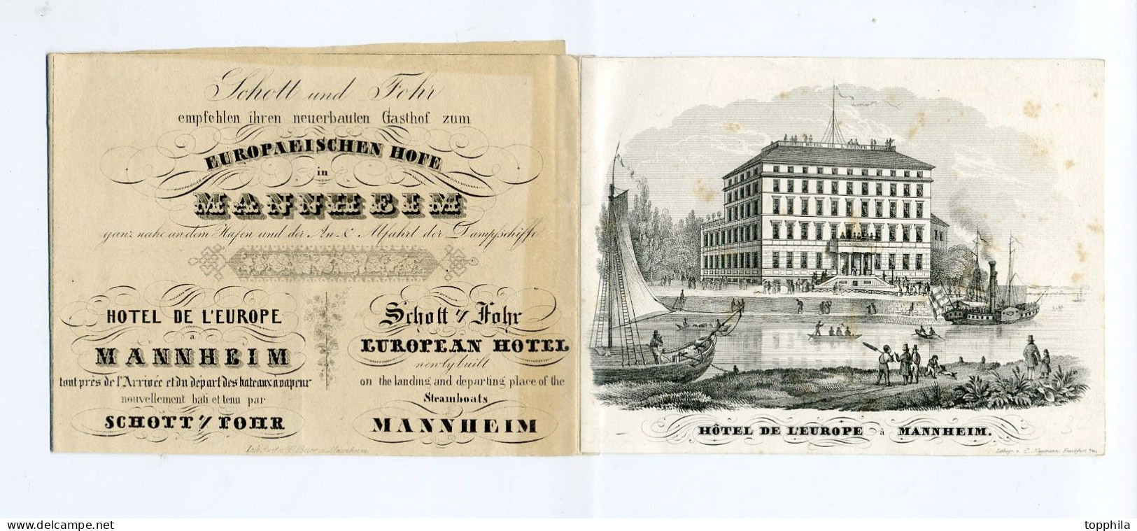 Ca 1870 Mannheim, Hotel De L'Europe, Alte Dreiteilige Werbeklappkarte, Mit Hotelansicht Und Stadtplan - Hotels & Gaststätten