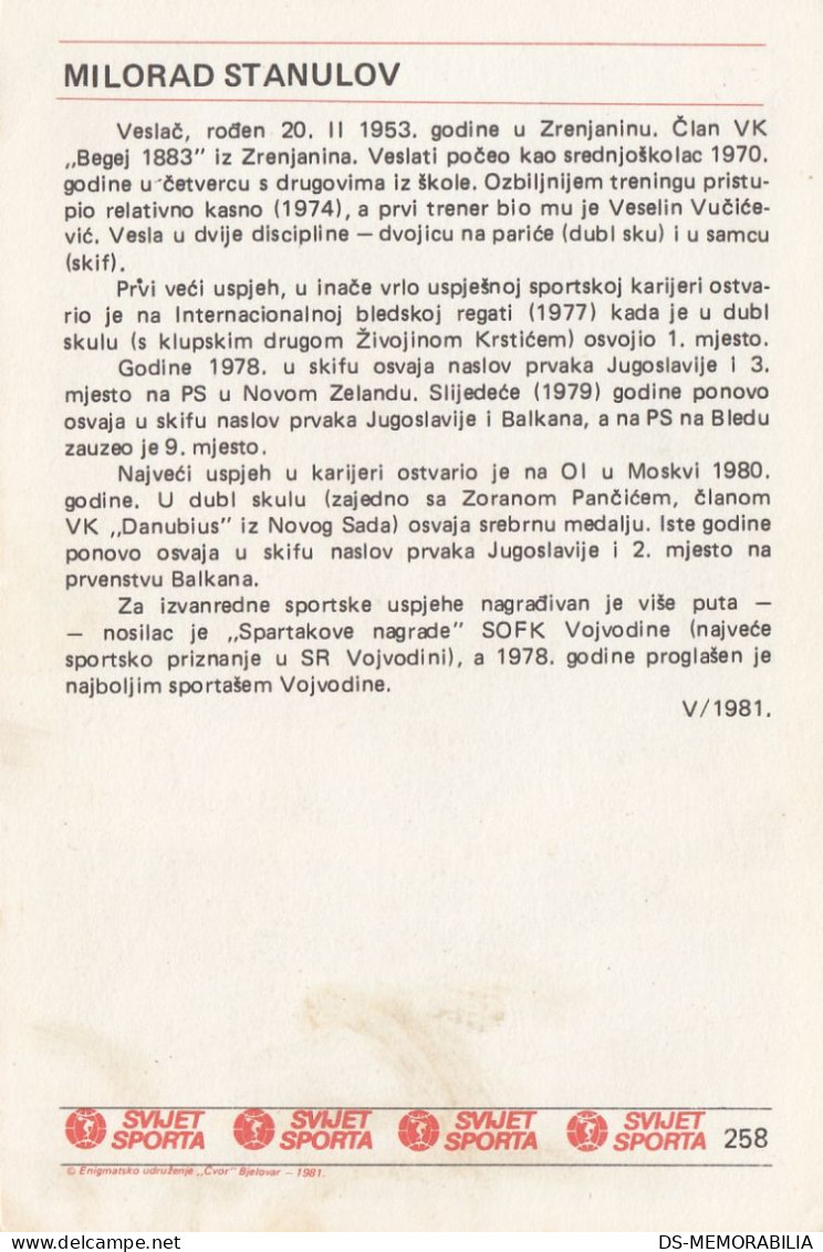 Rowing Milorad Stanulov Yugoslavia Trading Card Svijet Sporta - Canottaggio