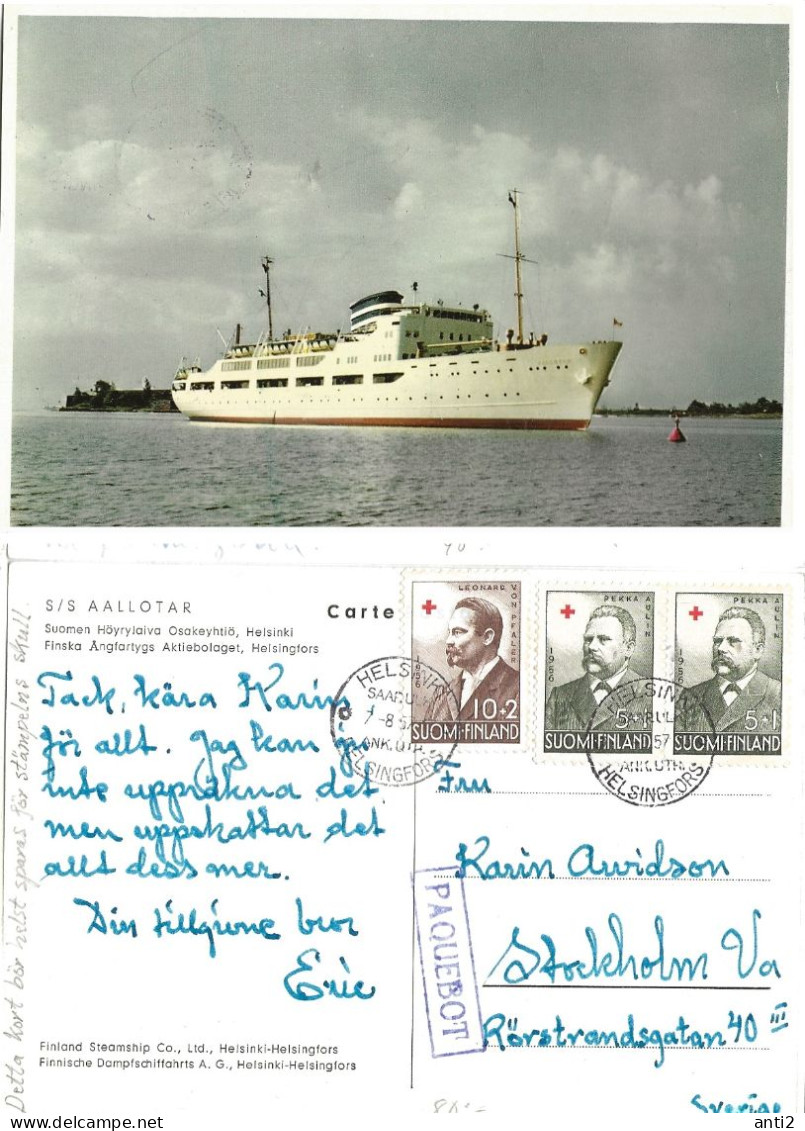 Finland 1957 Postcard   Steam Ship SS AALLOTAR Mi 469, 468, 468  Cancelled Helsingfors Pacquebot 7.8.57 - Cartas & Documentos