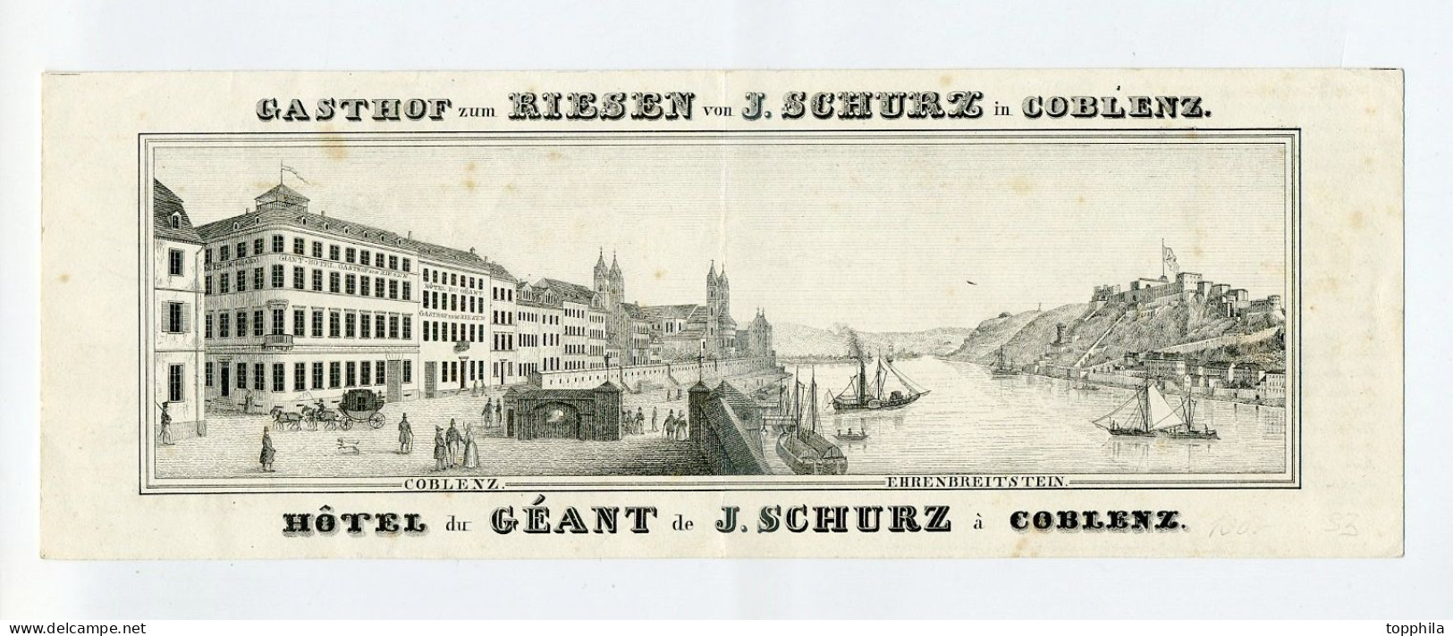 Ca 1840 Koblenz Zweiteilige Werbeklappkarte  Des Hotel Gasthof Zum Riesen,  Hotel Du Geant - Hotels & Gaststätten