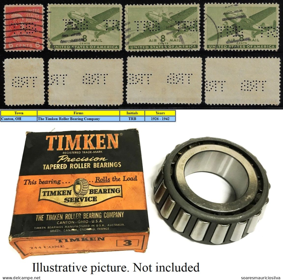 USA United States 1926/1942 4 Stamp Perfin TRB By The Timken Roller Bearing Company From Canton Lochung Perfore - Perfins