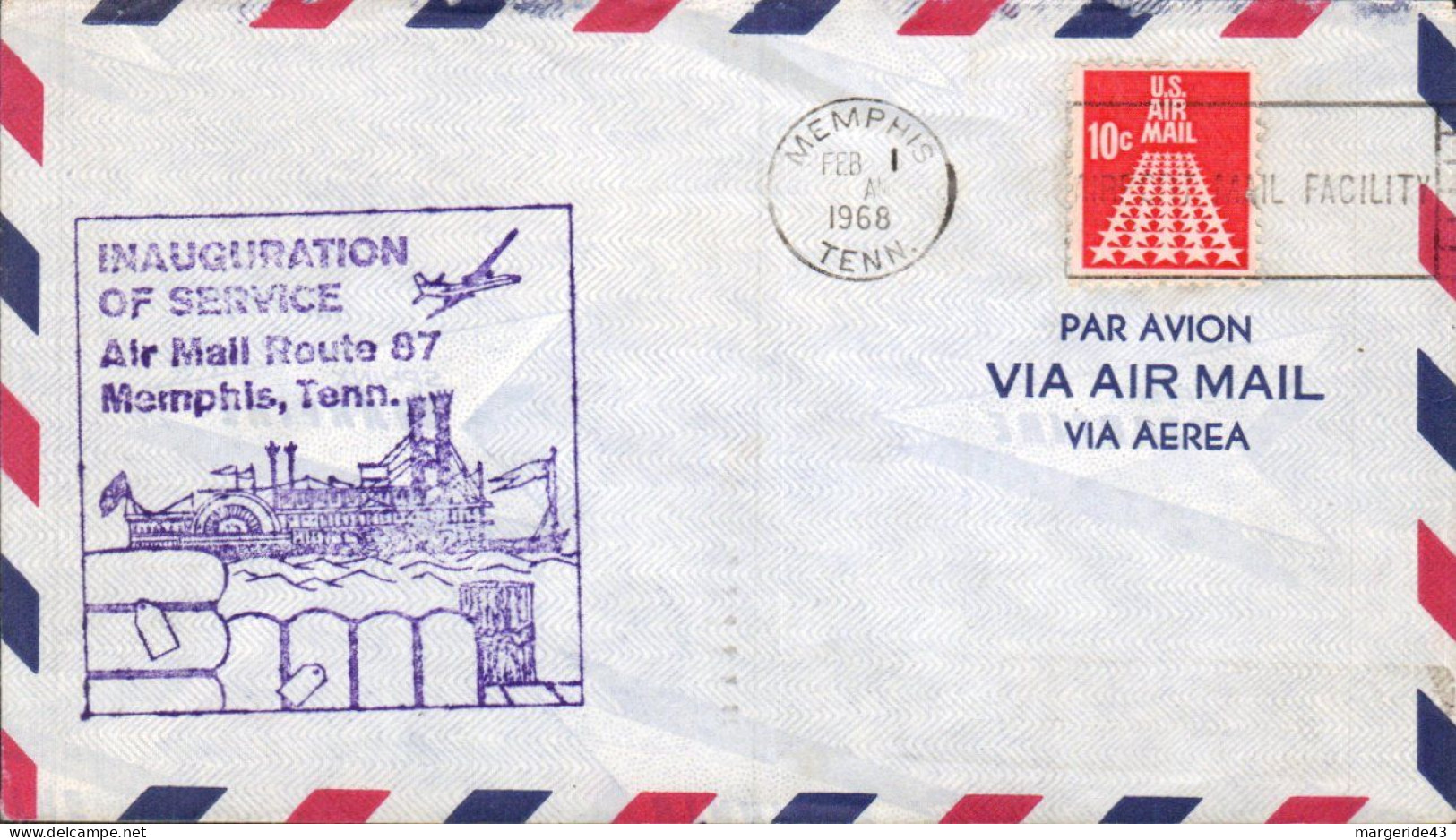 USA ETATS UNIS INAUGURATION SERVICE POSTAL AERIEN ROUTE 87 MEMPHIS 1968 - Schmuck-FDC