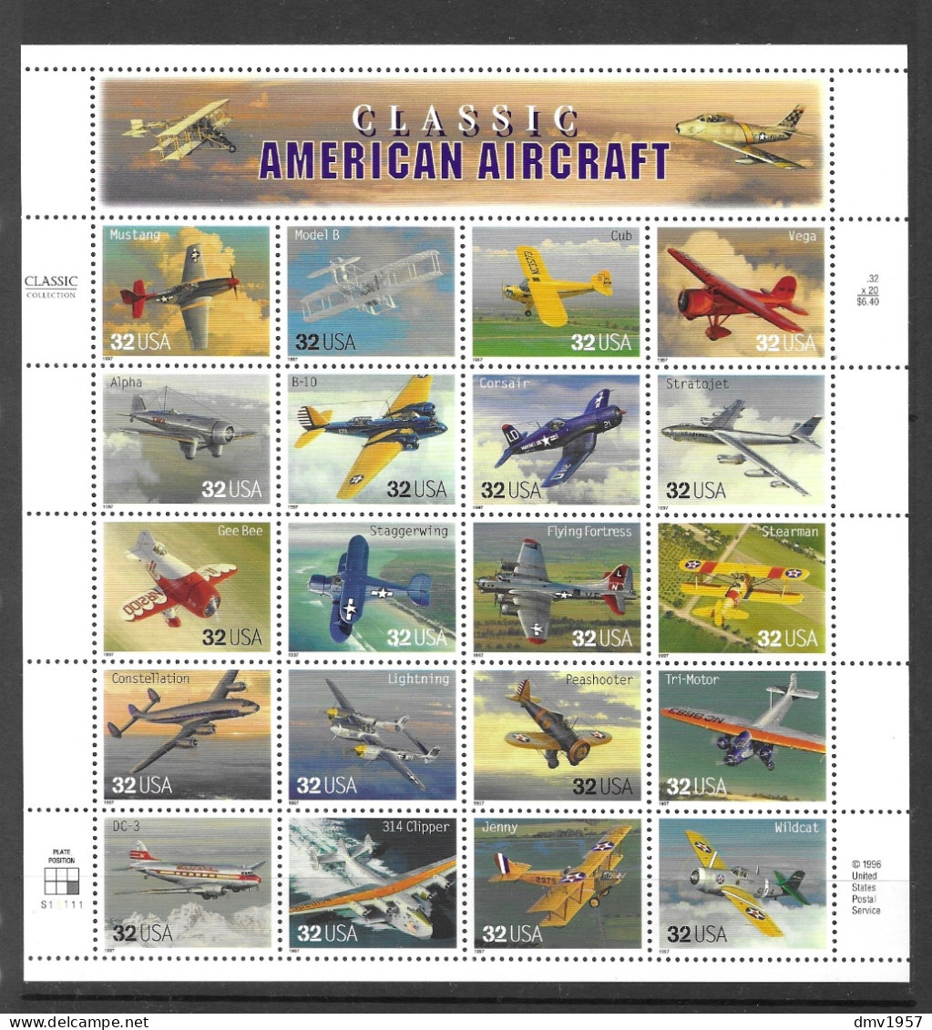 USA 1997 MNH American Aircraft Sg 3304/3323 Sheetlet - Hojas Completas
