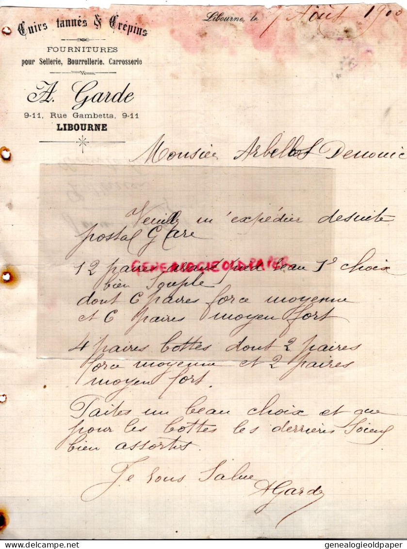 33-LIBOURNE-  RARE LETTRE MANUSCRITE 1900-A. GARDE  CUIRS CHAUSSURES TANNERIE - ARBELLOT DENOUIC BELLAC - Straßenhandel Und Kleingewerbe