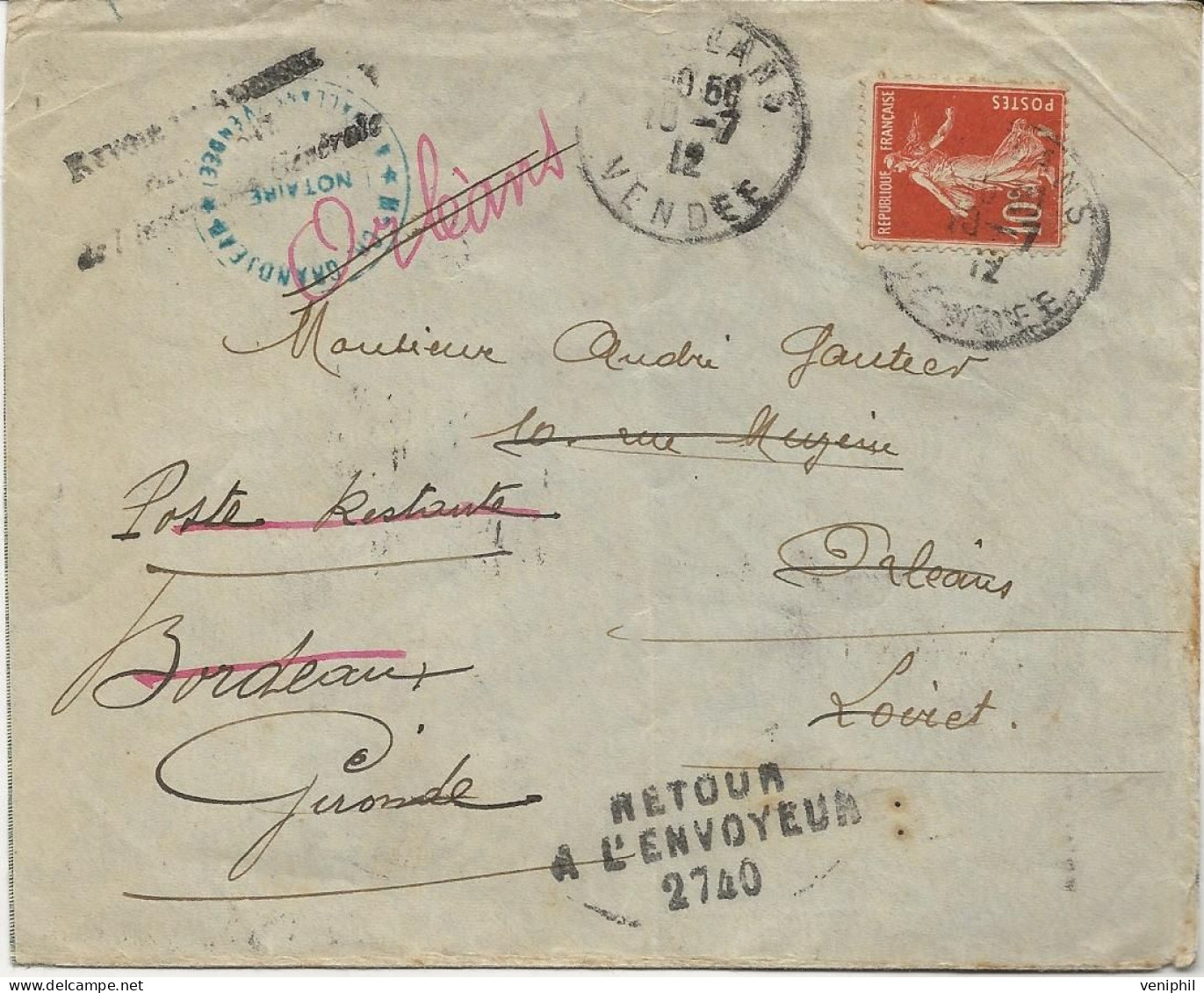 LETTRE  VENDEE  AFFRANCHIE N° 135 - CAD CHALLANS 1912  + DIFFERENTS CACHETS SUITE AU RETOUR A L'ENVOYEUR - 1877-1920: Période Semi Moderne