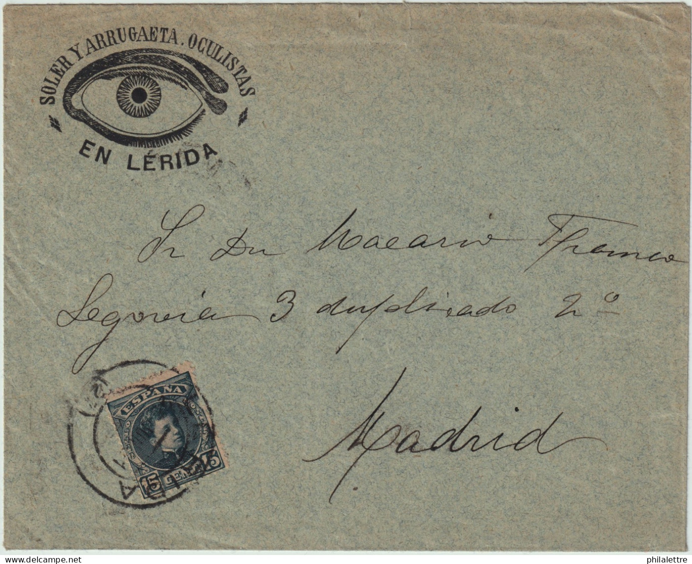 ESPAGNE/ESPAÑA 1901 Ed.244 Sobre Carta Illustrada (un Ojo Como Anuncio De Un Oculista) De LLEIDA (Lérida A Madrid) - Storia Postale