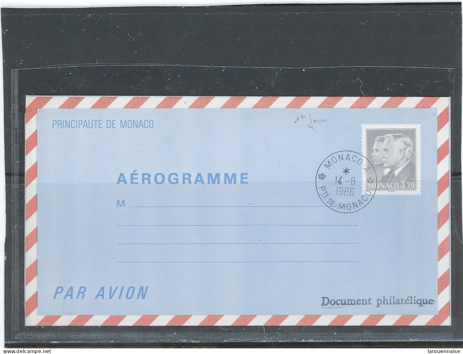 MONACO-AEROGRAMME  - N°507 - 3,70 F -RAINIER -ALBERT -Obl 1er JOUR 14-8--86 - Postwaardestukken