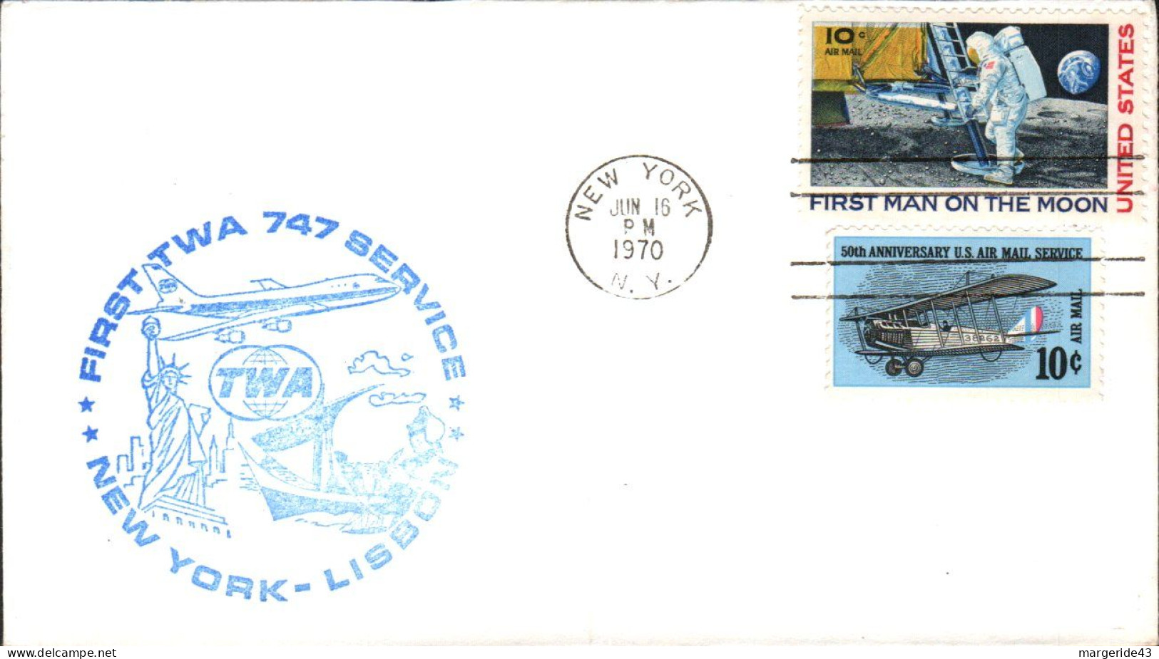 USA ETATS UNIS 1ER VOL 747 TWA NEW YORK-LISBONNE 1970 - Enveloppes évenementielles