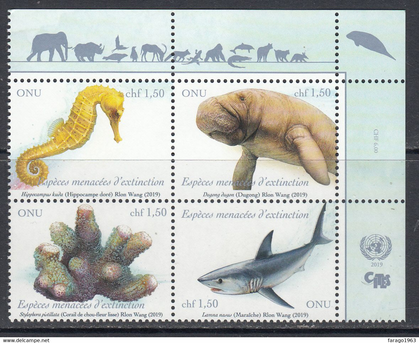 2019 United Nations Unies Endangered Species Sharks Dugong Marine Life Complete Block Of 4 MNH  @ BELOW FACE VALUE - Ungebraucht