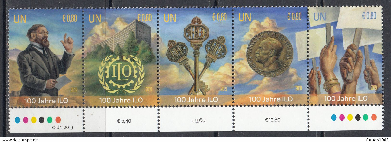 2019 United Nations Vienna Nobel Prize  Labour  Complete Strip Of 5 MNH  @ BELOW FACE VALUE - Nuovi