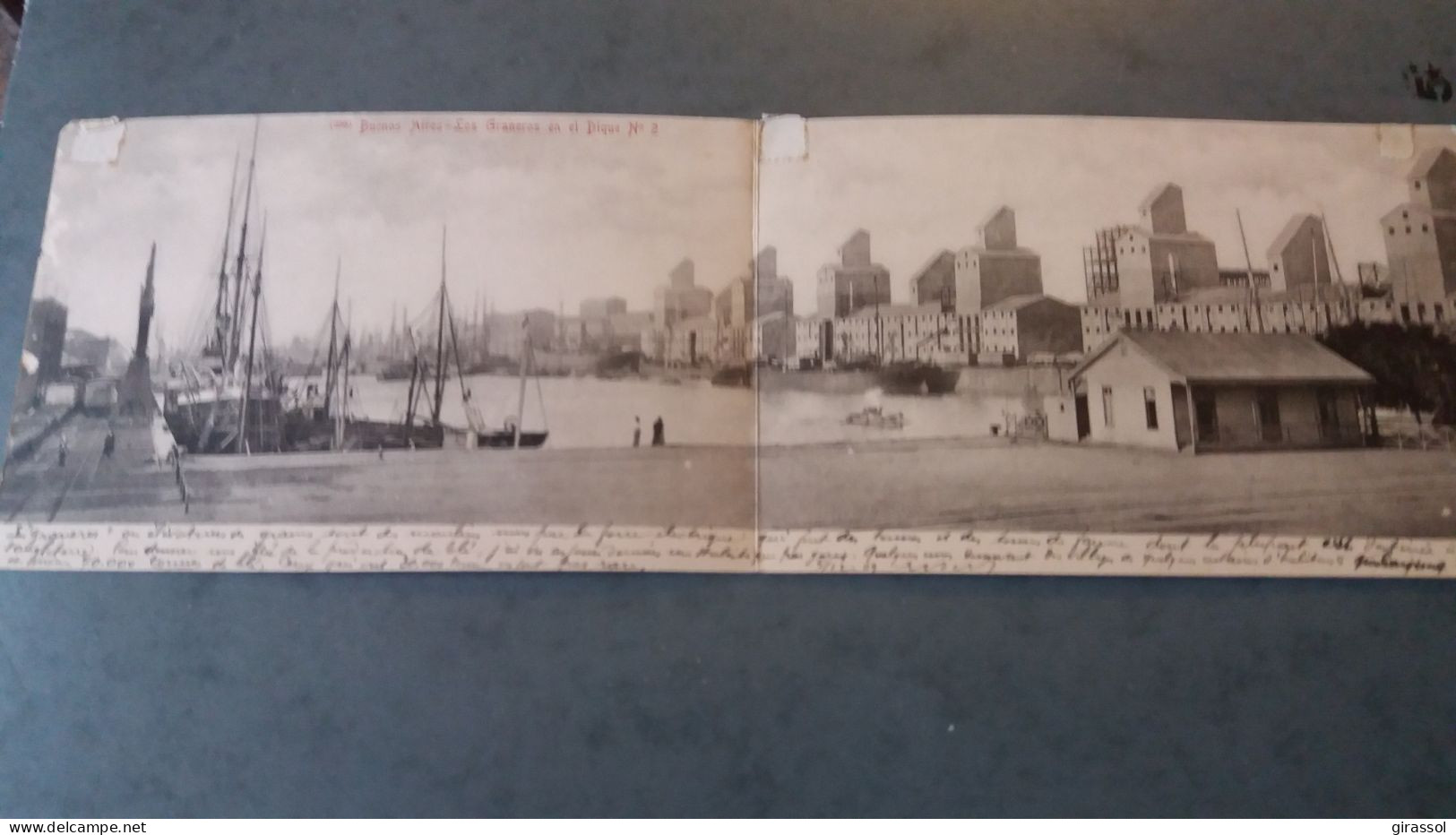 CARTE POSTALE DOUBLE PANORAMIQUE BUENOS AIRES LOS GRANEROS EN EL DIQUE N° 2 TRAIN BATEAU PORT SILOS 1909 - Argentinië