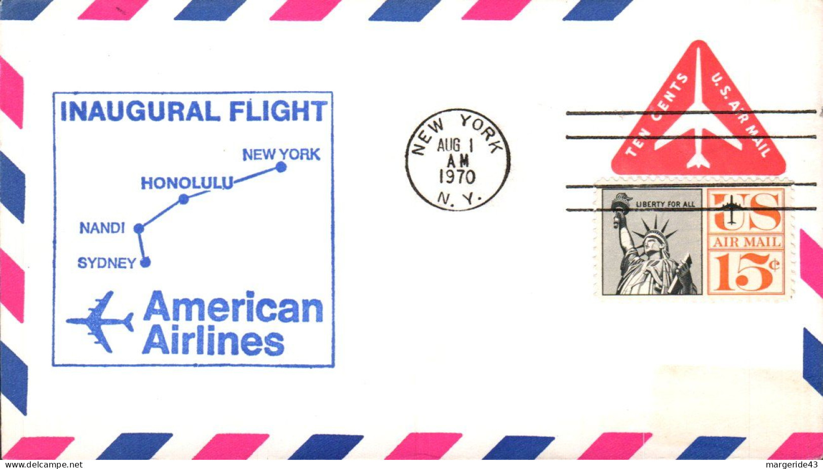 USA ETATS UNIS 1ER VOL 747 AMERICAN AIRLINES NEW YORK-FIJI 1970 - Sobres De Eventos