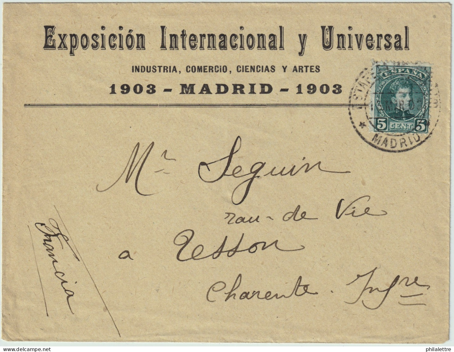 ESPAGNE/ESPAÑA 1903 Ed.242 En Sobre Con Membrete "EXPOSICION INTERNACIONAL Y UNIVERSAL" Madrid 1903 - Storia Postale