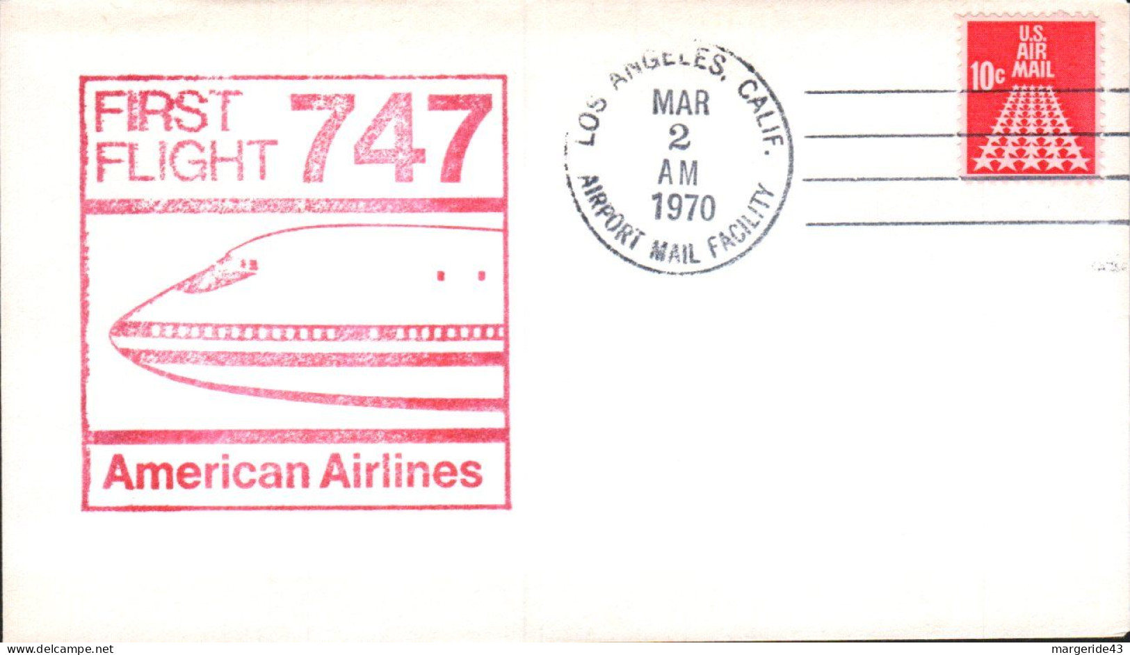 USA ETATS UNIS 1ER VOL 747 AMERICAN AIRLINES LOS ANGELES-JAMAIC N Y 1970 - Enveloppes évenementielles