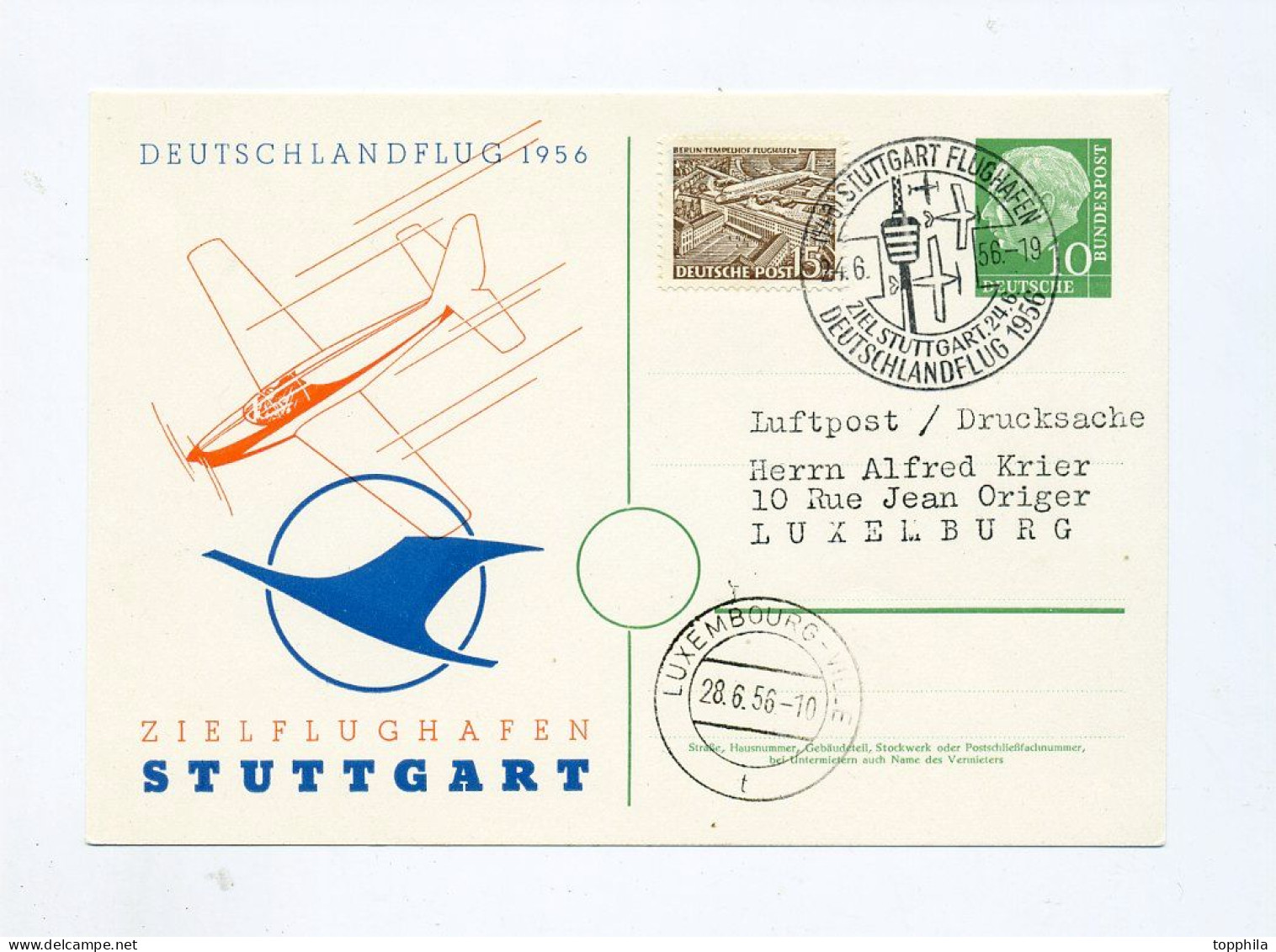 1956 Bund Privatganzsache 10 Pfg Heuss PP8 /6 Deutschlandflug Stuttgart Nach Luxemburg - Privatpostkarten - Gebraucht