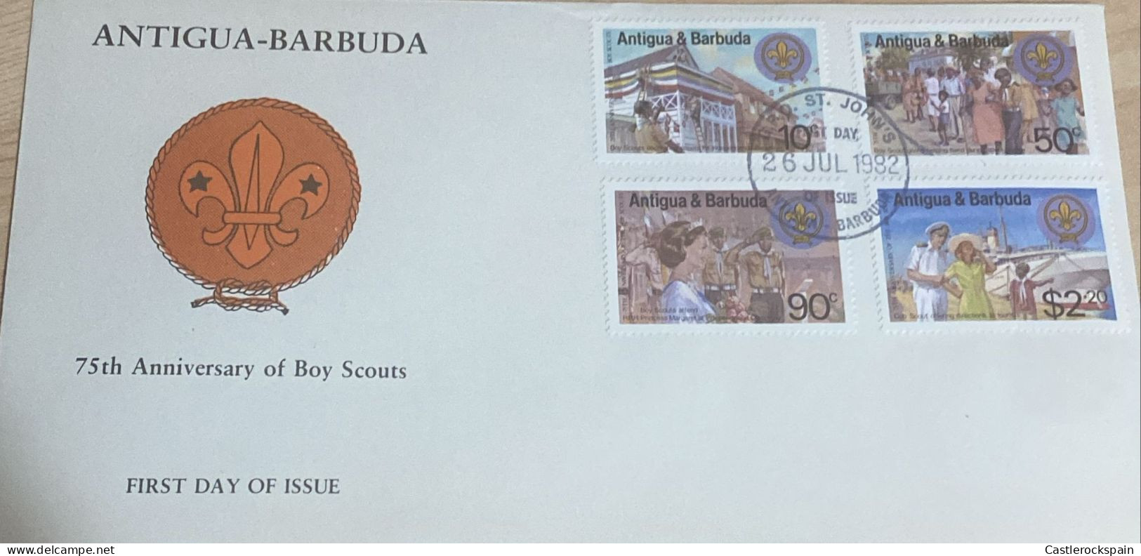 O) 1982 ANTIGUA AND BARBUDA, SCOUTING YEAR - BULDING, HELPING WOMAN, PRINCESS MARGARET, SCOUTING GIVING, FDC XF - Antigua Und Barbuda (1981-...)