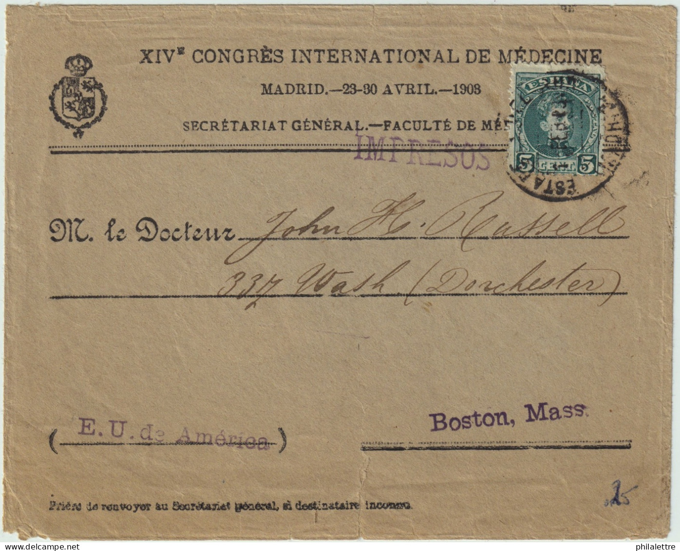 ESPAGNE/ESPAÑA 1903 Ed.242 En Sobre Con Membrete "XIVè CONGRÈS INTERNATIONAL DE MÉDECINE" Madrid 1903 - Covers & Documents