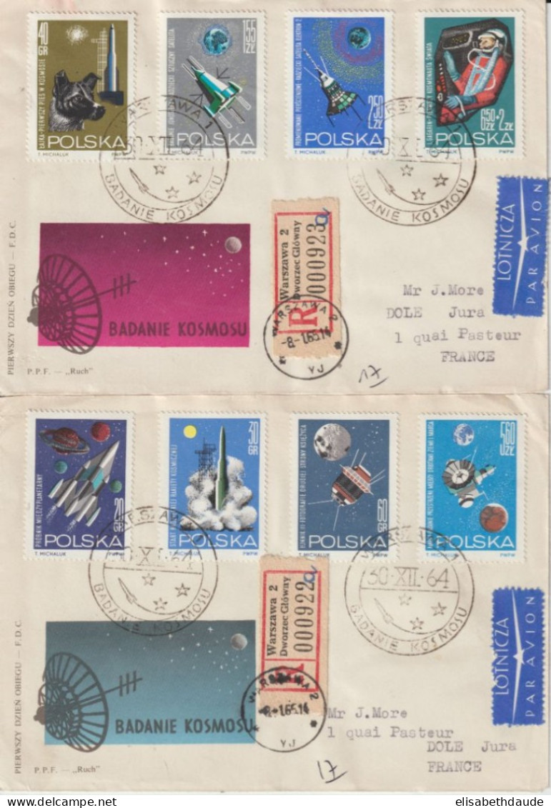 POLOGNE - 1964 - COSMOS ! 2 ENVELOPPES FDC RECOMMANDEES Par AVION De VARSOVIE => DOLE / JURA - FDC