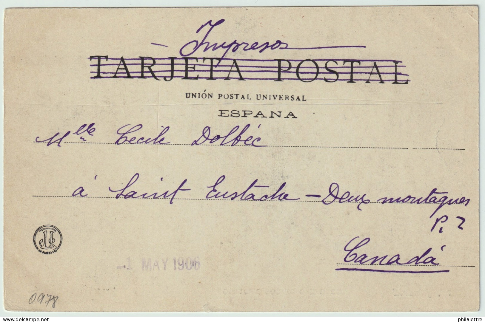 ESPAGNE/ESPAÑA 1906 Ed.242 En Una Tarjeta Postal De Las Cortes Dirigida De Madrid A Canada - Covers & Documents