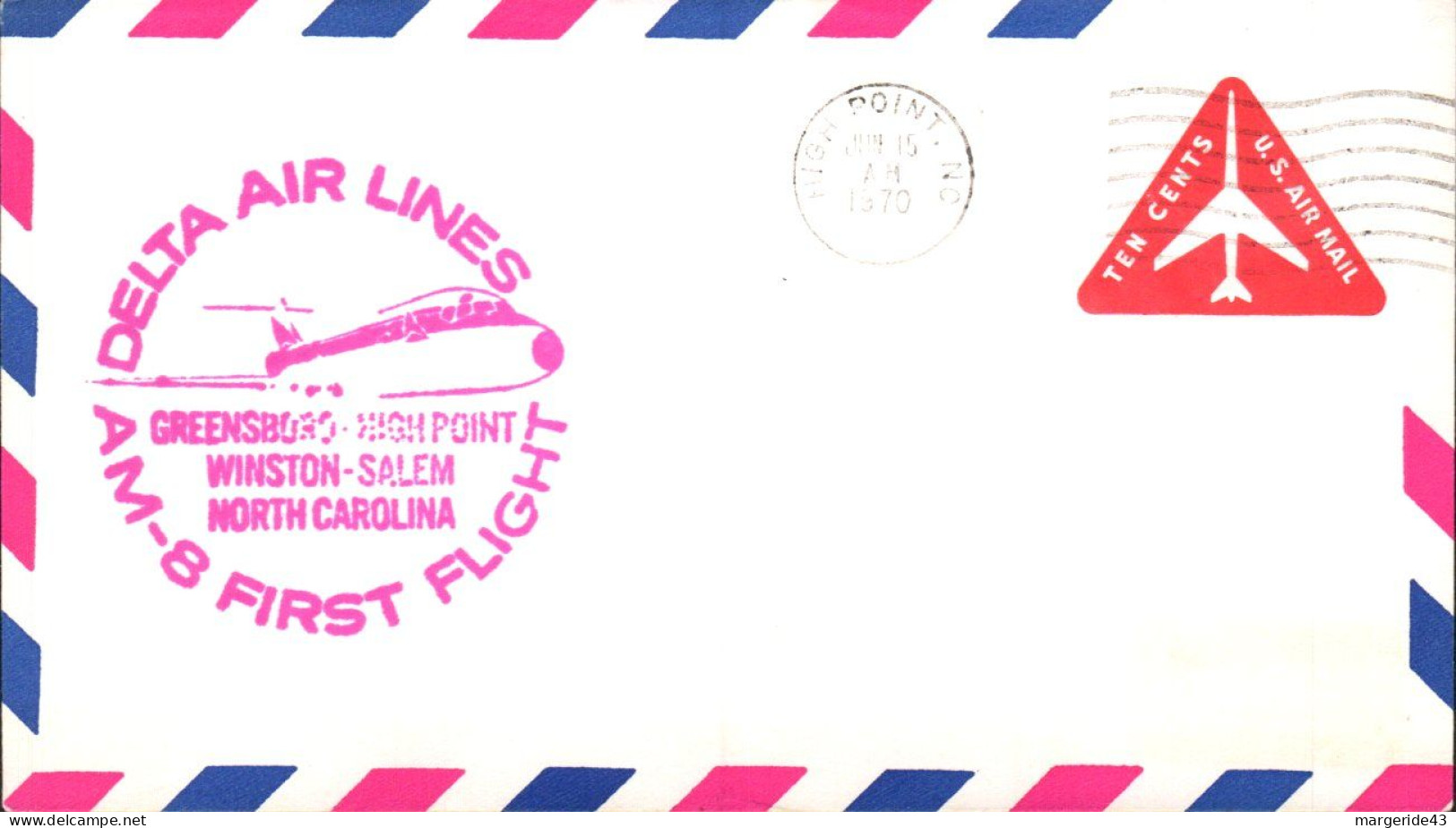 USA ETATS UNIS 1ER VOL DELTA AIRLINES GREENSBORO-HIGH POINT-WINSTON 1970 - Schmuck-FDC