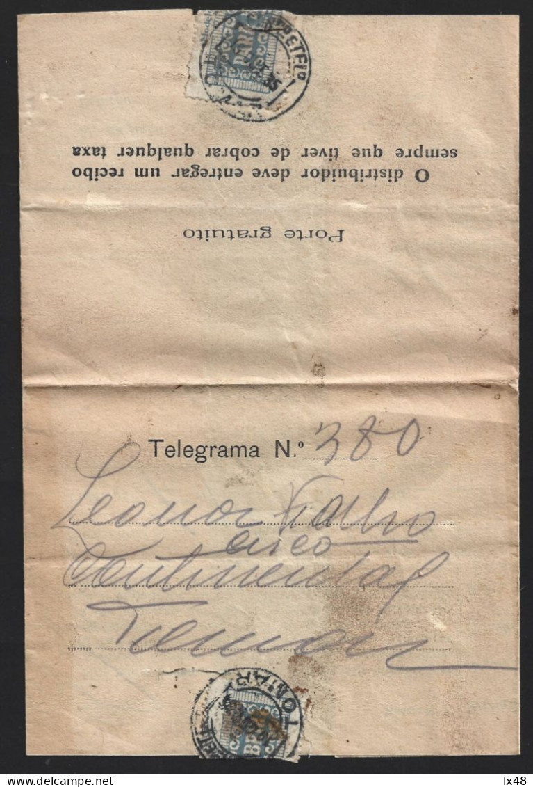 Telegrama Expedido Lisboa, Obliteração De Tomar 1932. Circo Continental, Tomar. Telegram Obliteration Of Tomar In 1932. - Brieven En Documenten
