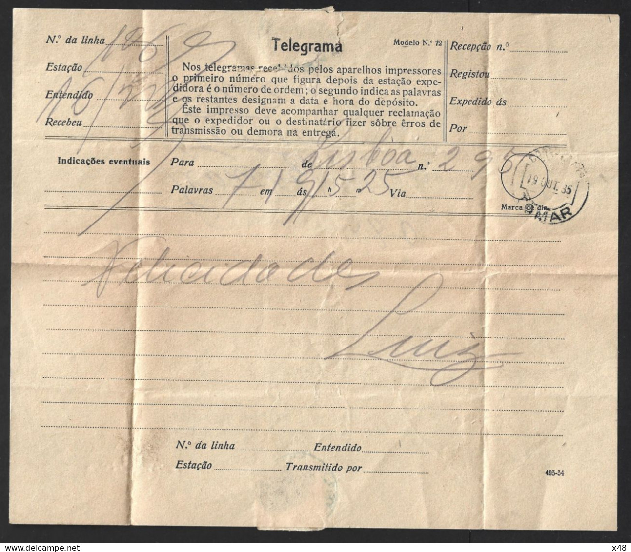 Telegrama Expedido Lisboa, Obliteração De Tomar 1932. Circo Continental, Tomar. Telegram Obliteration Of Tomar In 1932. - Lettres & Documents