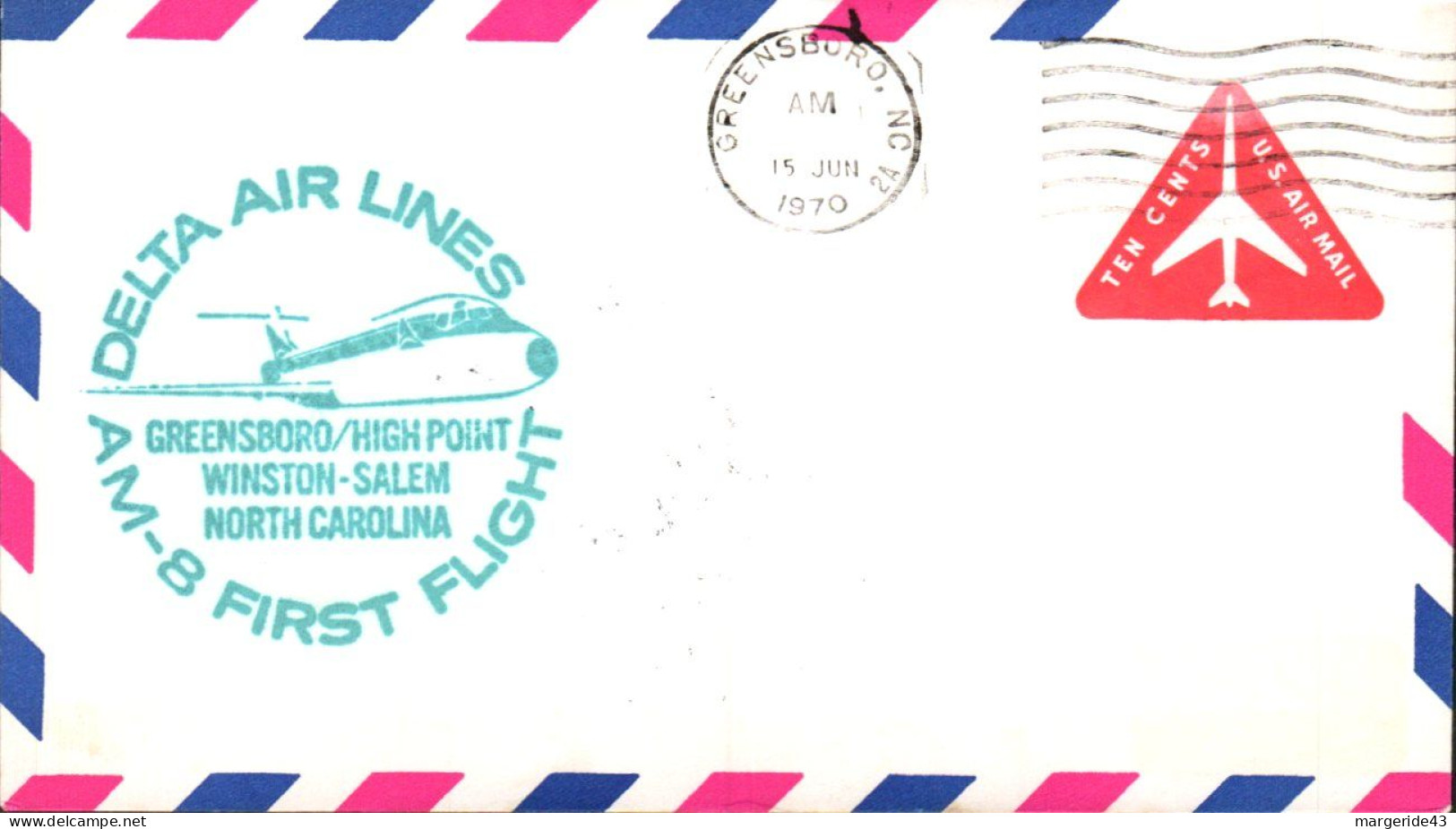 USA ETATS UNIS 1ER VOL DELTA AIRLINES GREENSBORO-HIGH POINT-WINSTON 1970 - Event Covers