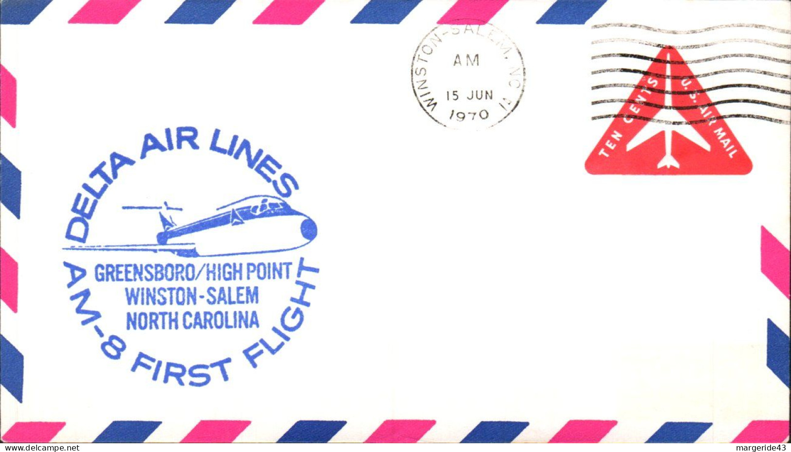 USA ETATS UNIS 1ER VOL DELTA AIRLINES GREENSBORO-HIGH POINT-WINSTON 1970 - Enveloppes évenementielles