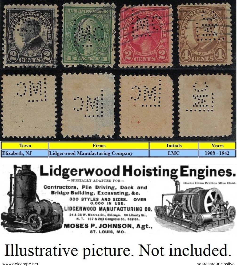 USA United States 1908/1942 4 Stamp Perfin LMC By Lidgerwood Manufacturing Company From Elizabeth Lochung Perfore - Perforados