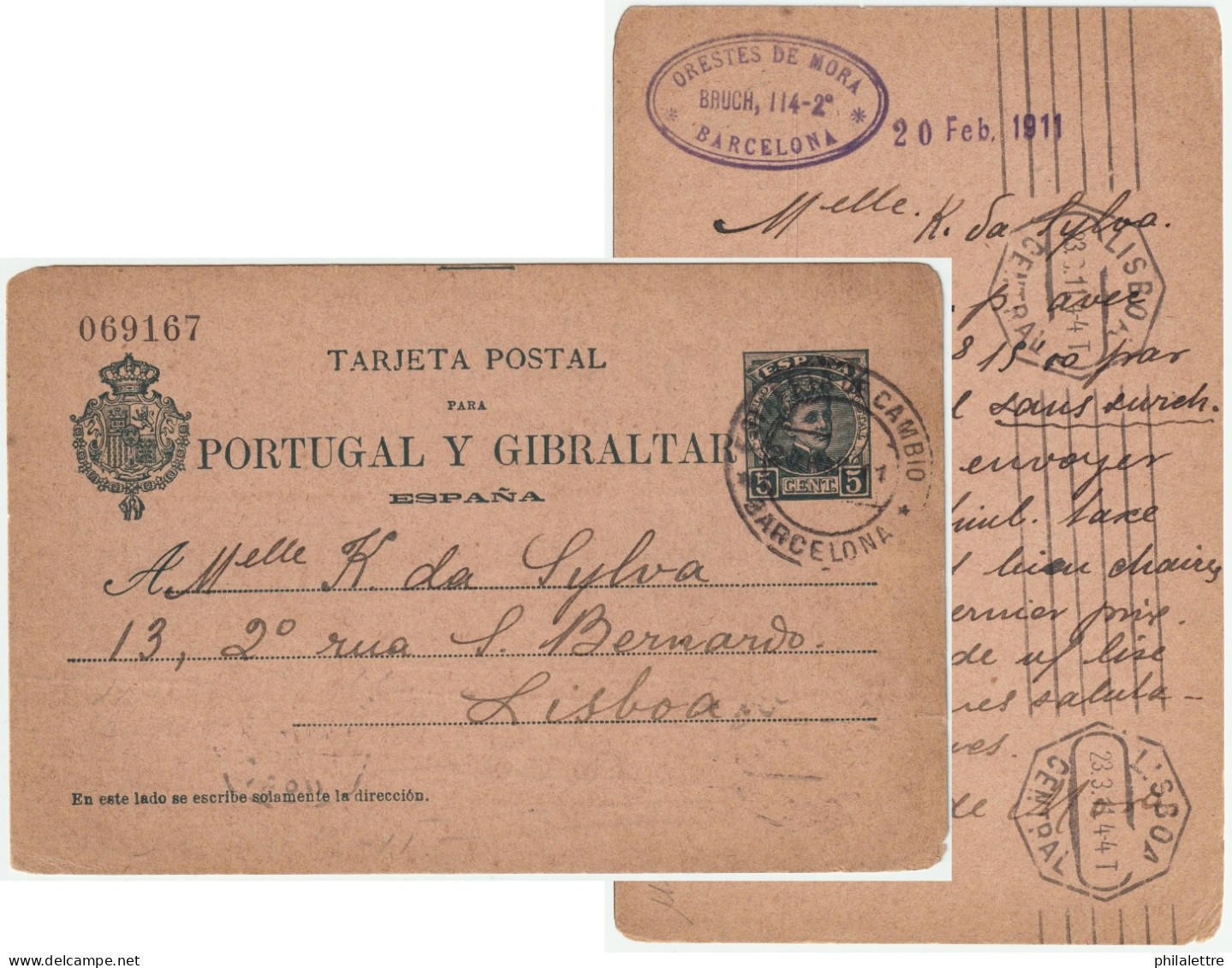 ESPAGNE/ESPAÑA 1911 Tarjeta Postal 5c Verde Oscuro Tipo Cadete Dirigada De Barcelona A Lisboa - Covers & Documents