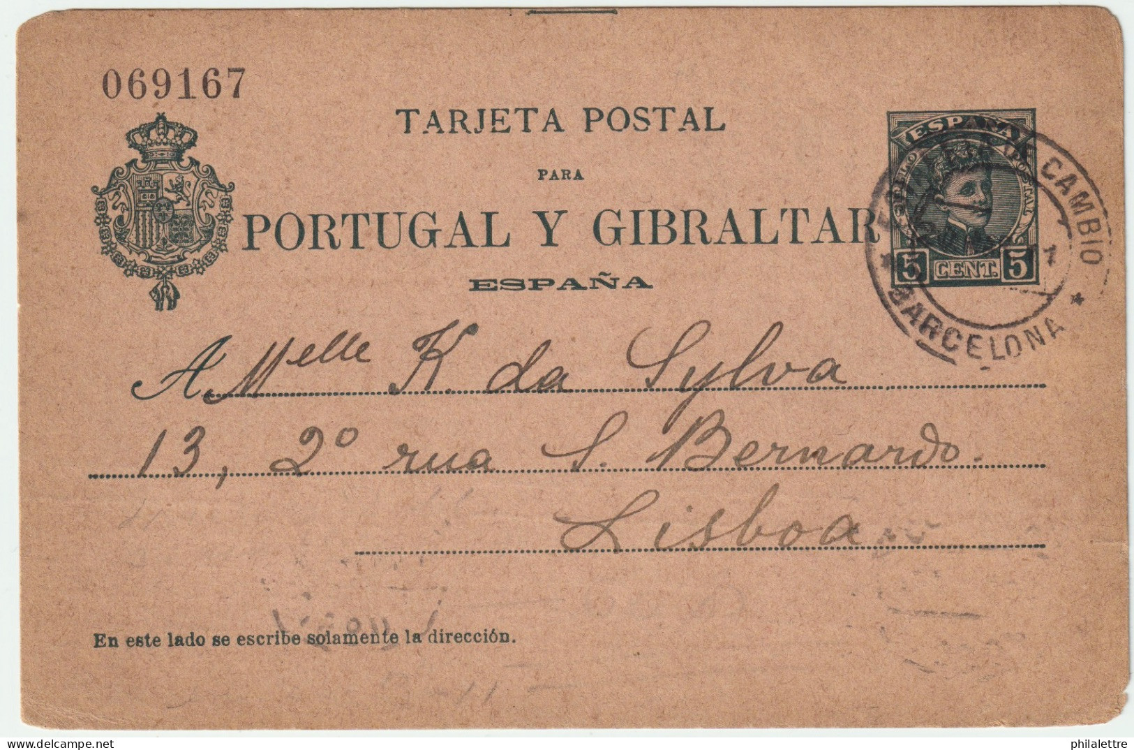 ESPAGNE/ESPAÑA 1911 Tarjeta Postal 5c Verde Oscuro Tipo Cadete Dirigada De Barcelona A Lisboa - Brieven En Documenten