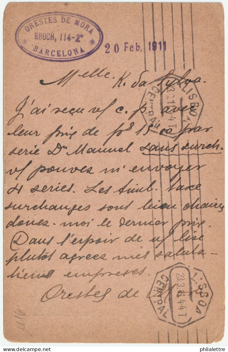 ESPAGNE/ESPAÑA 1911 Tarjeta Postal 5c Verde Oscuro Tipo Cadete Dirigada De Barcelona A Lisboa - Cartas & Documentos