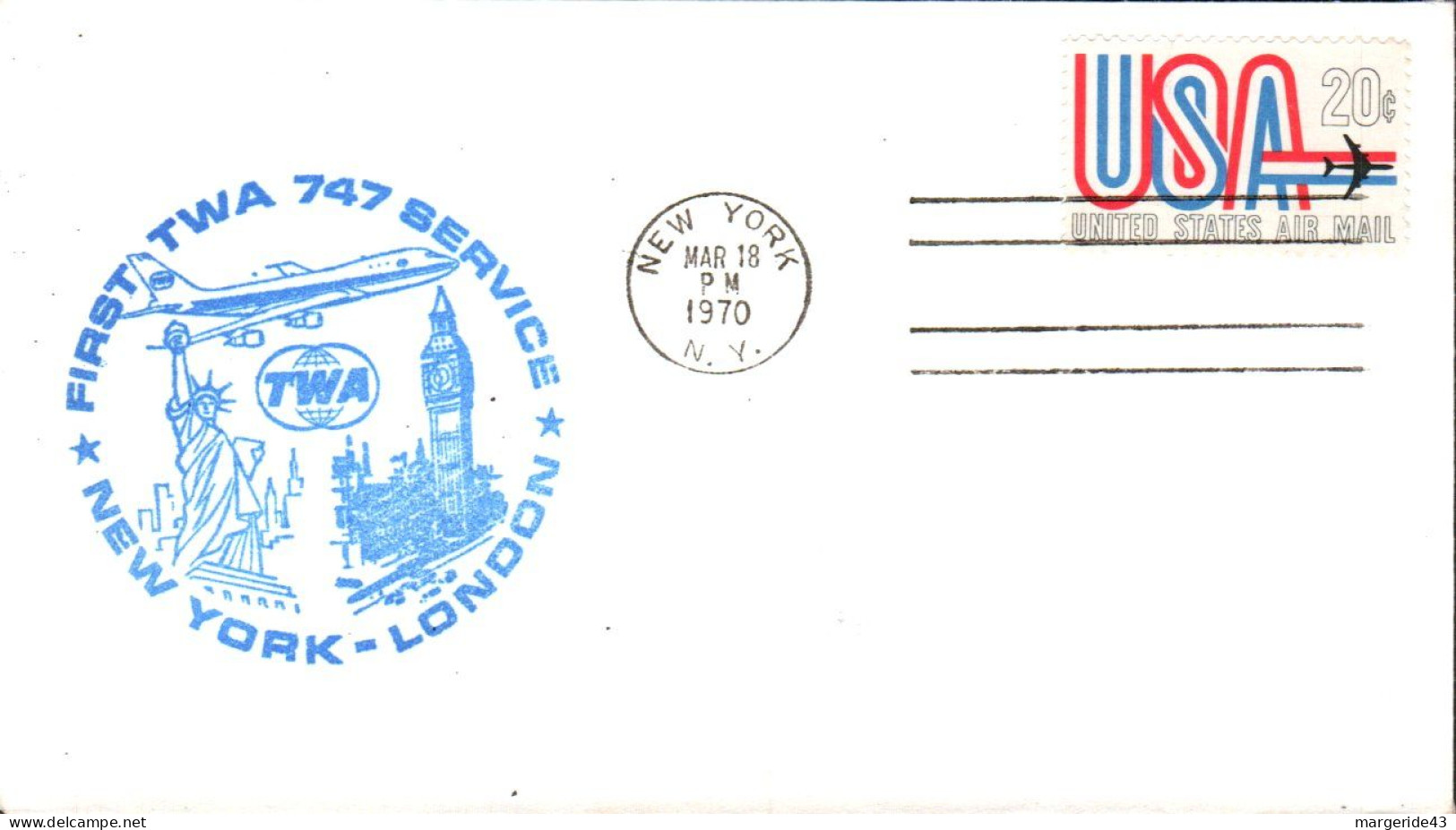 USA ETATS UNIS 1ER VOL TWA 747 NEW YORK-LONDON 1970 - Schmuck-FDC