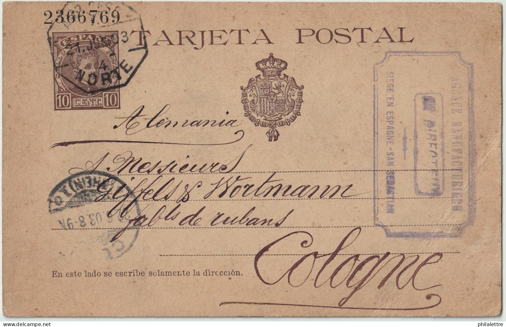 ESPAGNE/ESPAÑA 1903 "AMB DESC / 4 / NORTE" Sobre Tarjeta Postal 10c Tipo Cadete Dirigada De San Sebastian A Alemania - Covers & Documents