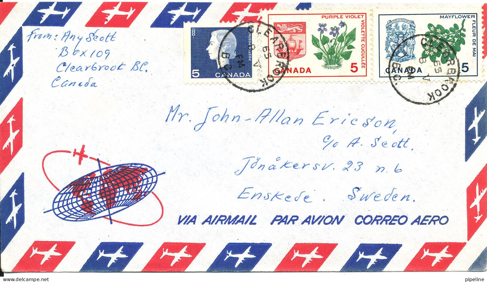 Canada Air Mail Cover Sent To Sweden 8-5-1965 - Luchtpost