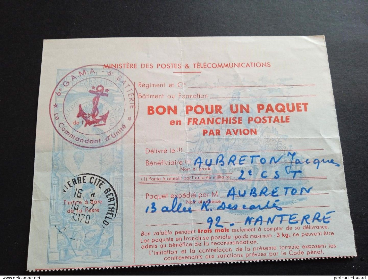 "Bon Pour Un Paquet En Franchise Postale Par Avion". TTR Et Circulé. 1/10 De La Côte, Estimation Dallay 2009. 2000 Euros - Timbres De Franchise Militaire