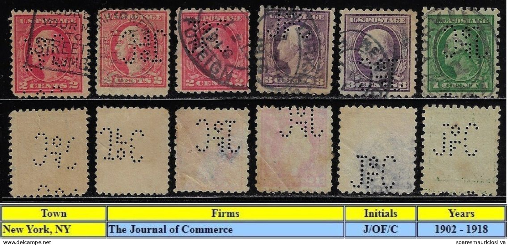 USA United States 1902/1918 6 Stamp Perfin J/OF/C By The Journal Of Commerce From New York Lochung Perfore - Perforés