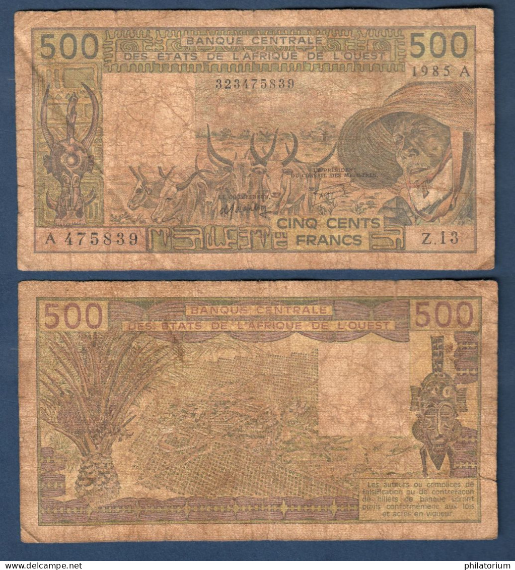 500 Francs CFA, 1985 A, Cote D' Ivoire, Z13, A 475839, Oberthur, P#_06, Banque Centrale Des États De L'Afrique De L'Oues - Stati Dell'Africa Occidentale