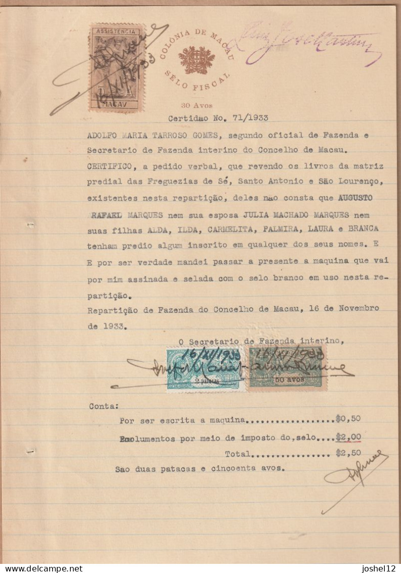 Macau Macao 1933 Document W/revenue Stamps - Lettres & Documents