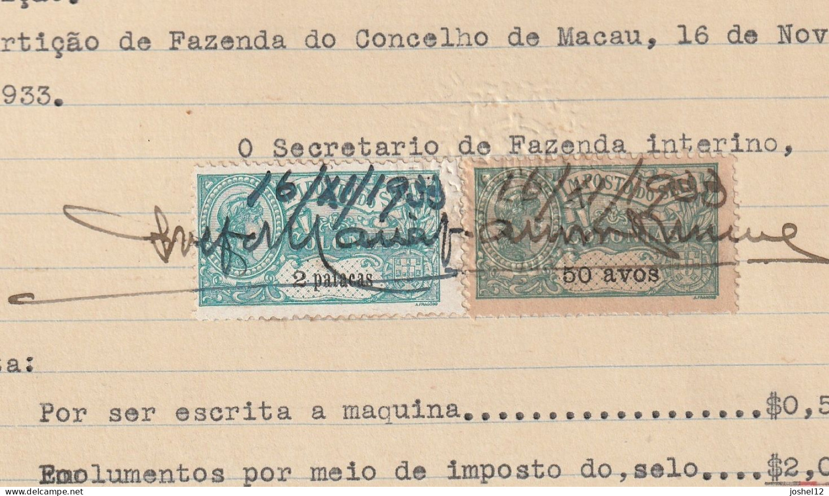 Macau Macao 1933 Document W/revenue Stamps - Storia Postale