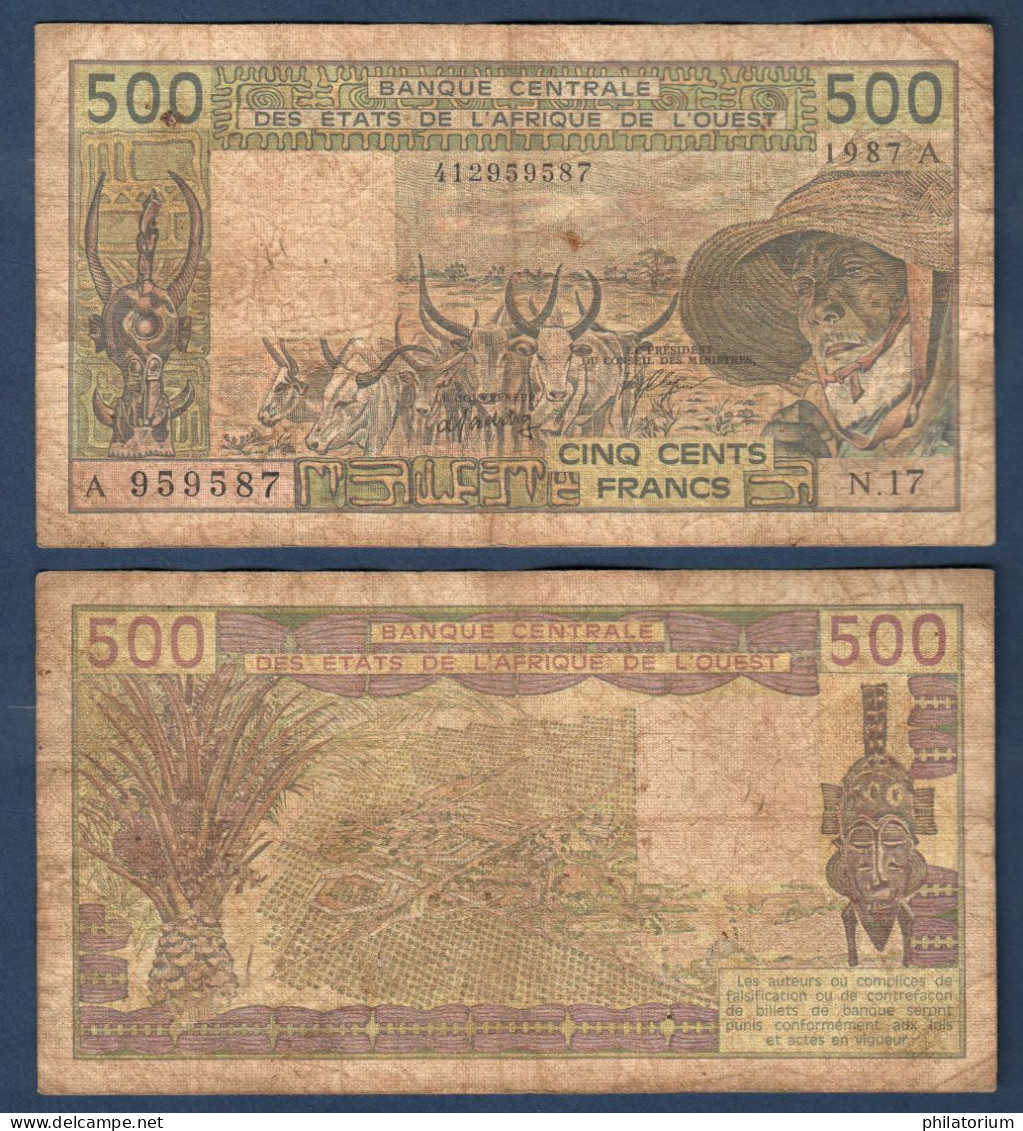 500 Francs CFA, 1987 A, Cote D' Ivoire, N17, A 959587, Oberthur, P#_06, Banque Centrale Des États De L'Afrique De L'Oues - États D'Afrique De L'Ouest