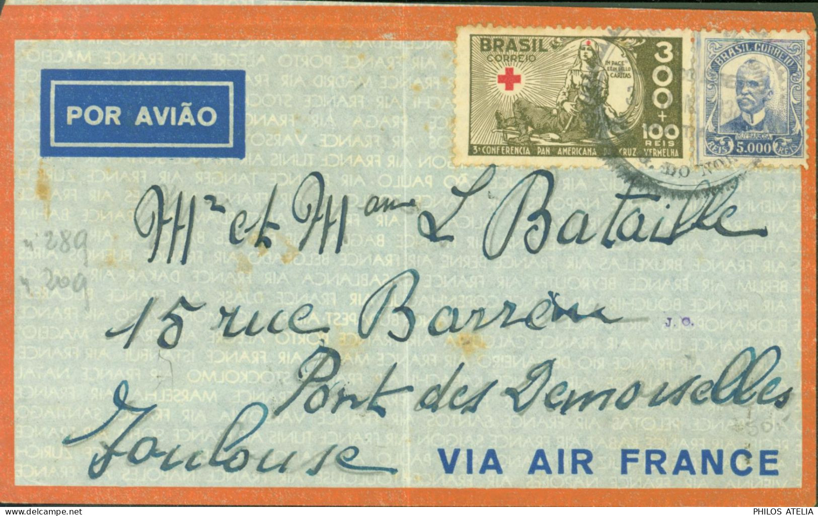 Brésil Par Avion Croix Rouge YT N° 289 209 CAD Faible Et Arrivée Toulouse 3 FEV 1938 - Luchtpost