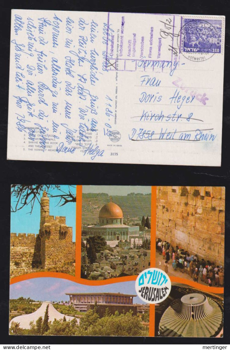 Israel 1986 Picture Postcard To WEIL AM RHEIN Germany Returned + Nachträglich Entwertet Lörrach - Briefe U. Dokumente