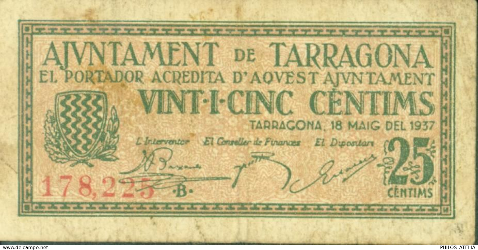 Guerre D'Espagne Billet De Nécessité Ajuntament De Tarragona 25 Centims 1937 - Otros & Sin Clasificación